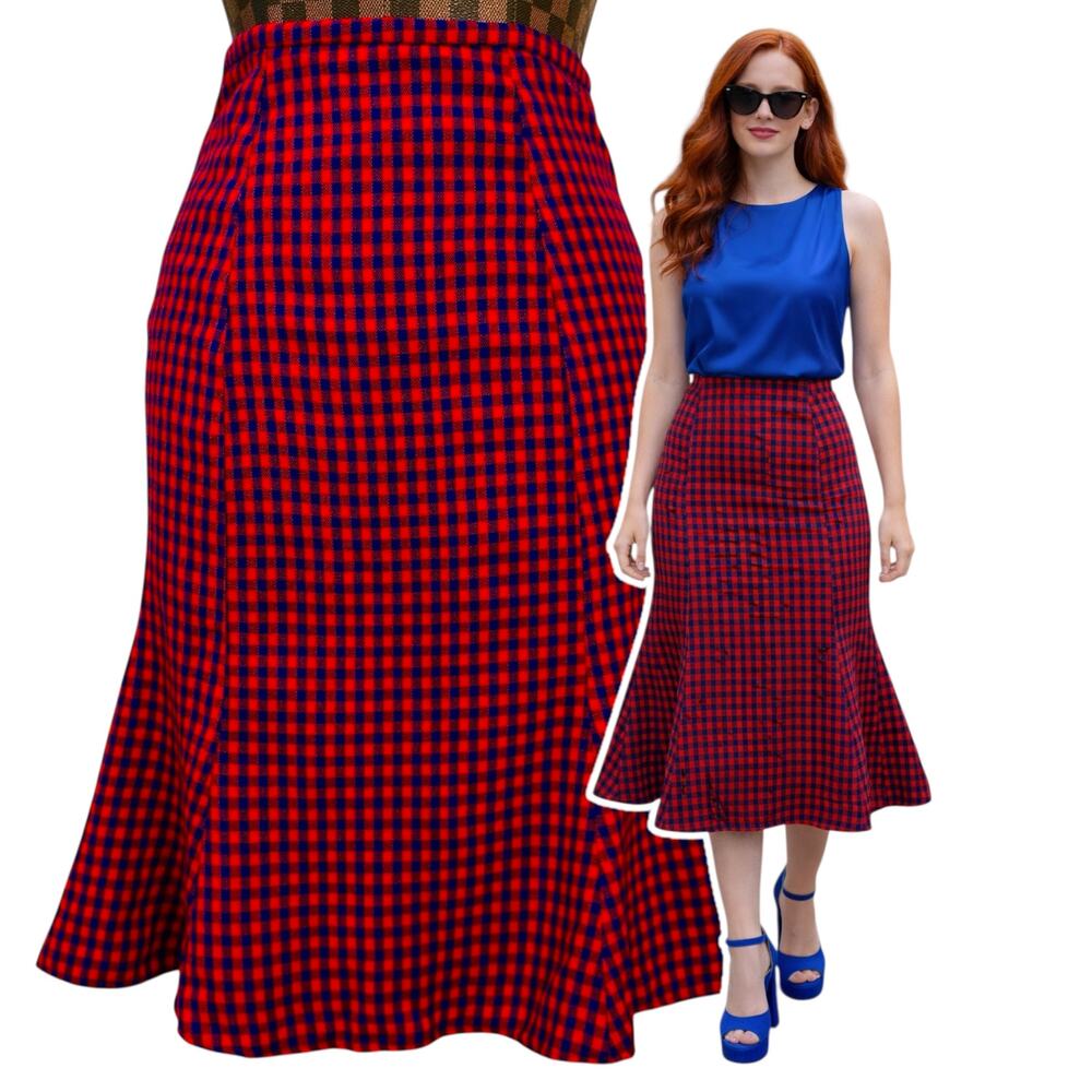 Vtg Gingham Ruffled Pencil Skirt Size Small Red Blue Check Pinup Retro Coquette
